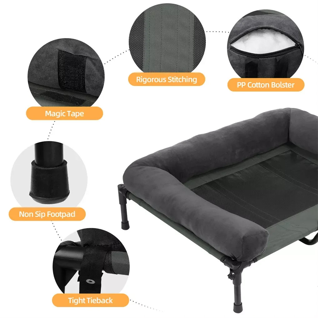 BINGOPAW Outdoor Elevated Dog Bed Cooling Raised Pet Lounger Mesh Cot for Camping with Detachable Plush Bolster