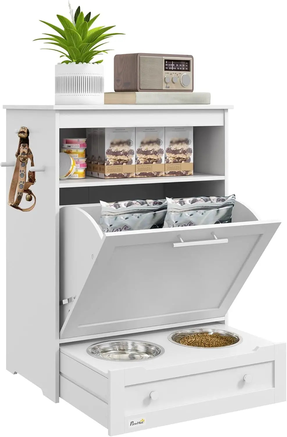 Dog Feeding Station Dog Food Storage Pet Feeder Cabinet with Raised Bowls and Hanger for Feeding and Watering