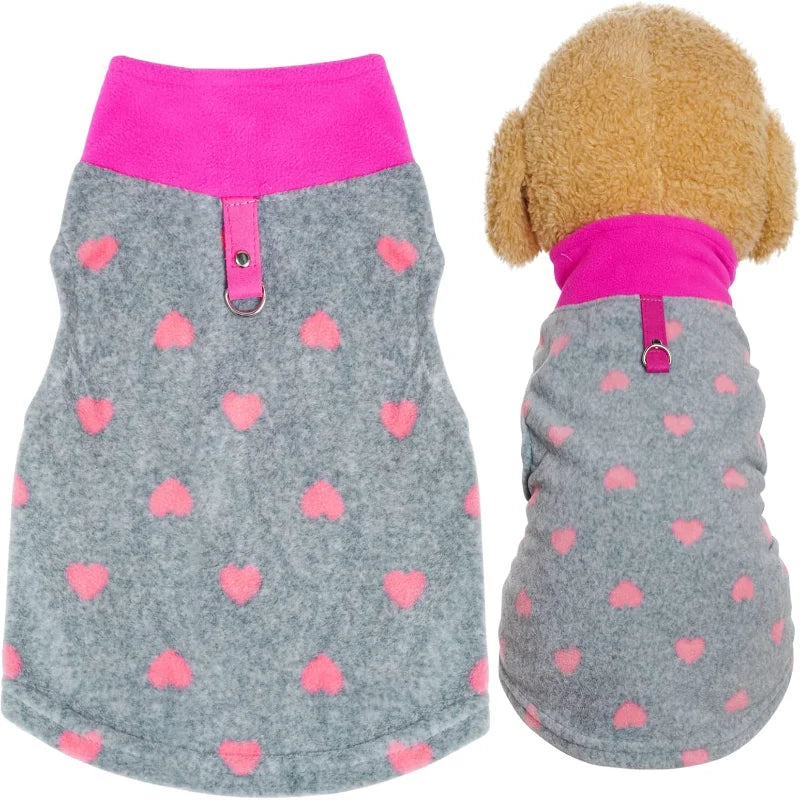 Grey Dog Heart Sweater with Leash Ring Soft Fleece Pullover Warm Jacket Winter Outfit for Small Puppy and Cat Pets