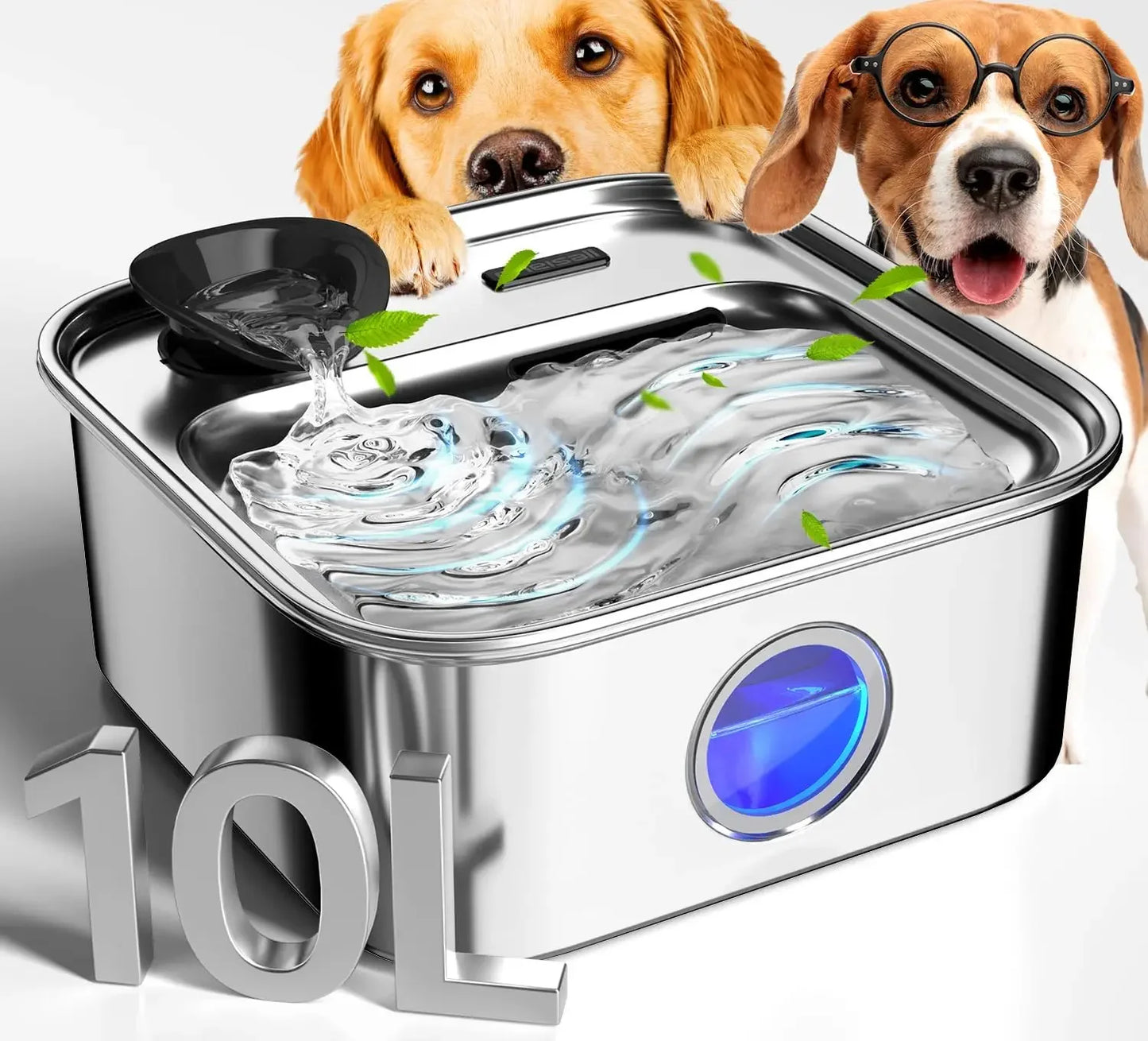 Dog Water Fountain Stainless Steel 2.6 Gallon Dog Water Bowl Dispenser with Washable Filter and Deeper Drinking Area
