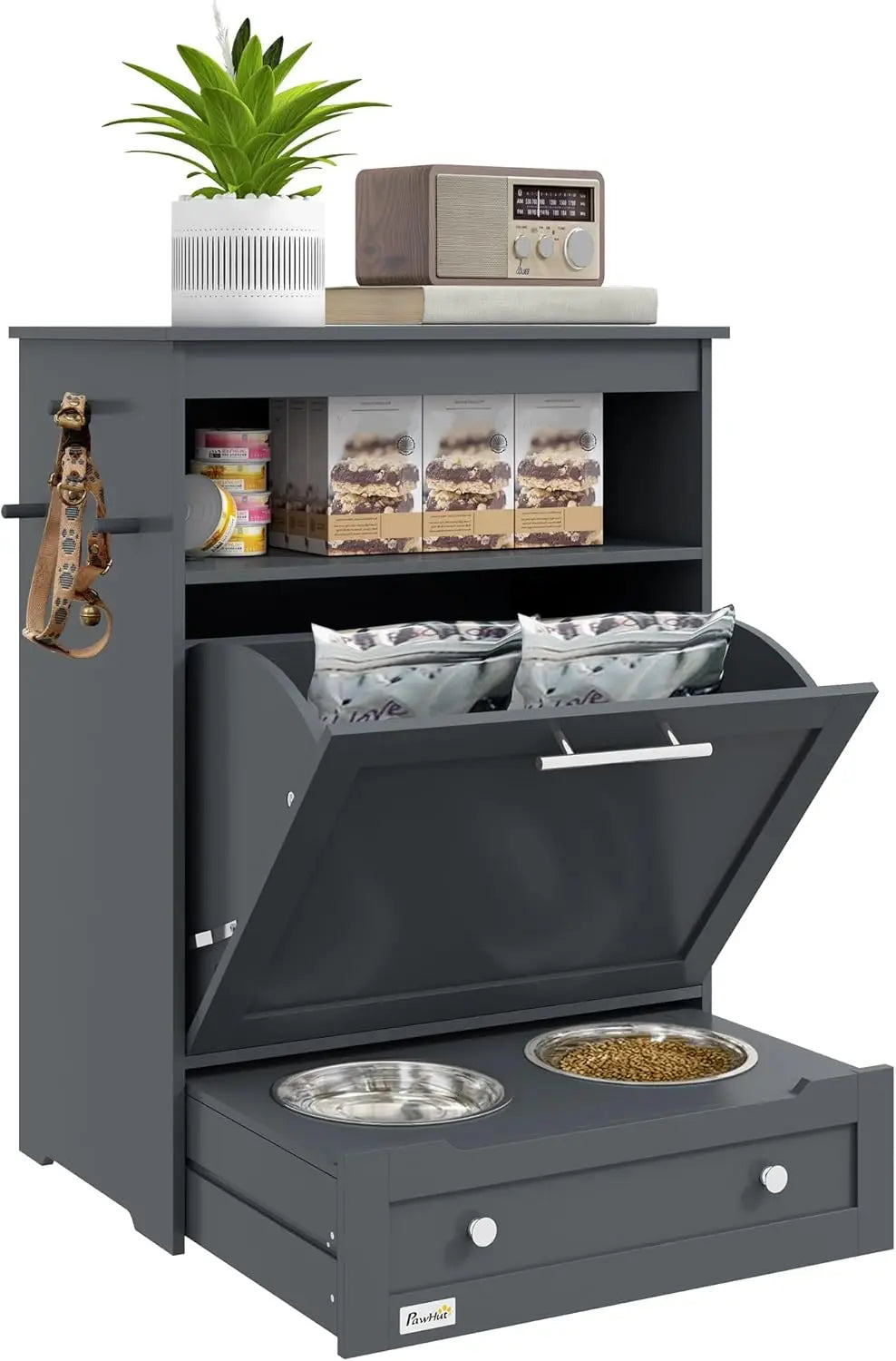 Dog Feeding Station Dog Food Storage Pet Feeder Cabinet with Raised Bowls and Hanger for Feeding and Watering