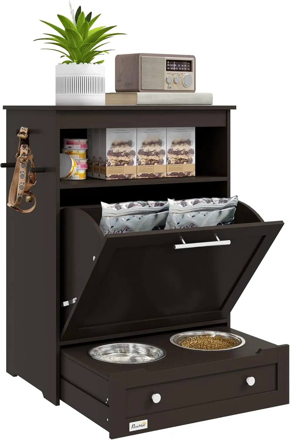 Dog Feeding Station Dog Food Storage Pet Feeder Cabinet with Raised Bowls and Hanger for Feeding and Watering