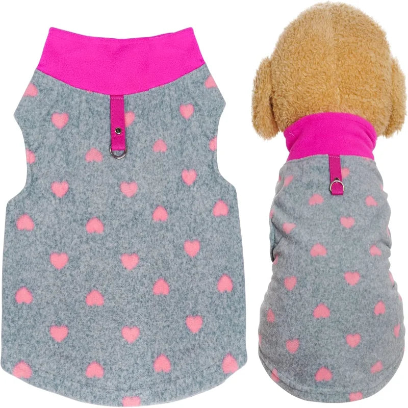 Grey Dog Heart Sweater with Leash Ring Soft Fleece Pullover Warm Jacket Winter Outfit for Small Puppy and Cat Pets