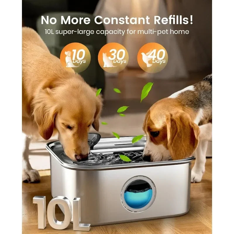 Dog Water Fountain Stainless Steel 2.6 Gallon Dog Water Bowl Dispenser with Washable Filter and Deeper Drinking Area