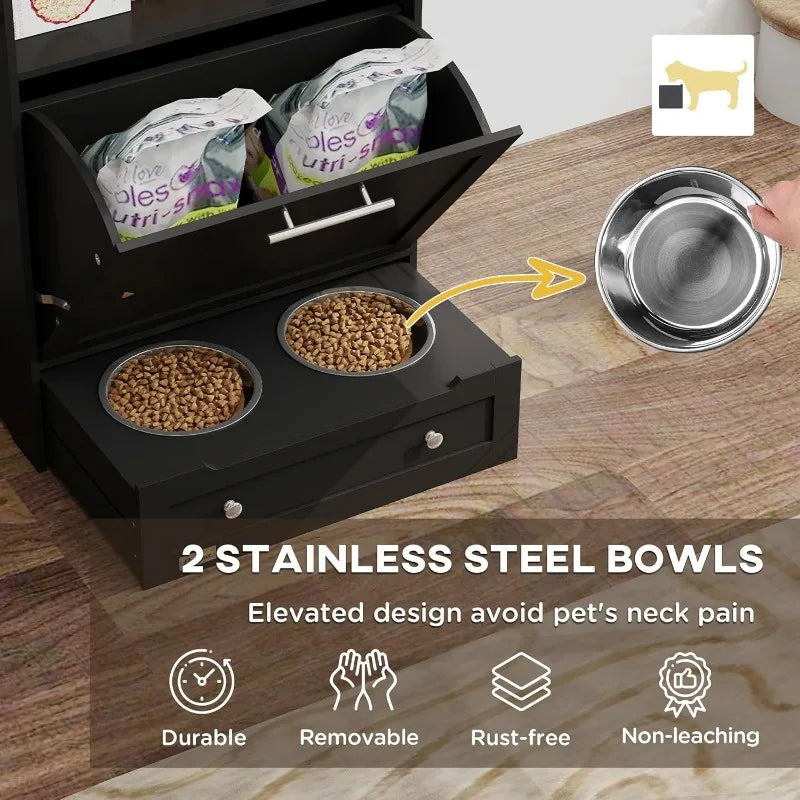 Dog Feeding Station Dog Food Storage Pet Feeder Cabinet with Raised Bowls and Hanger for Feeding and Watering