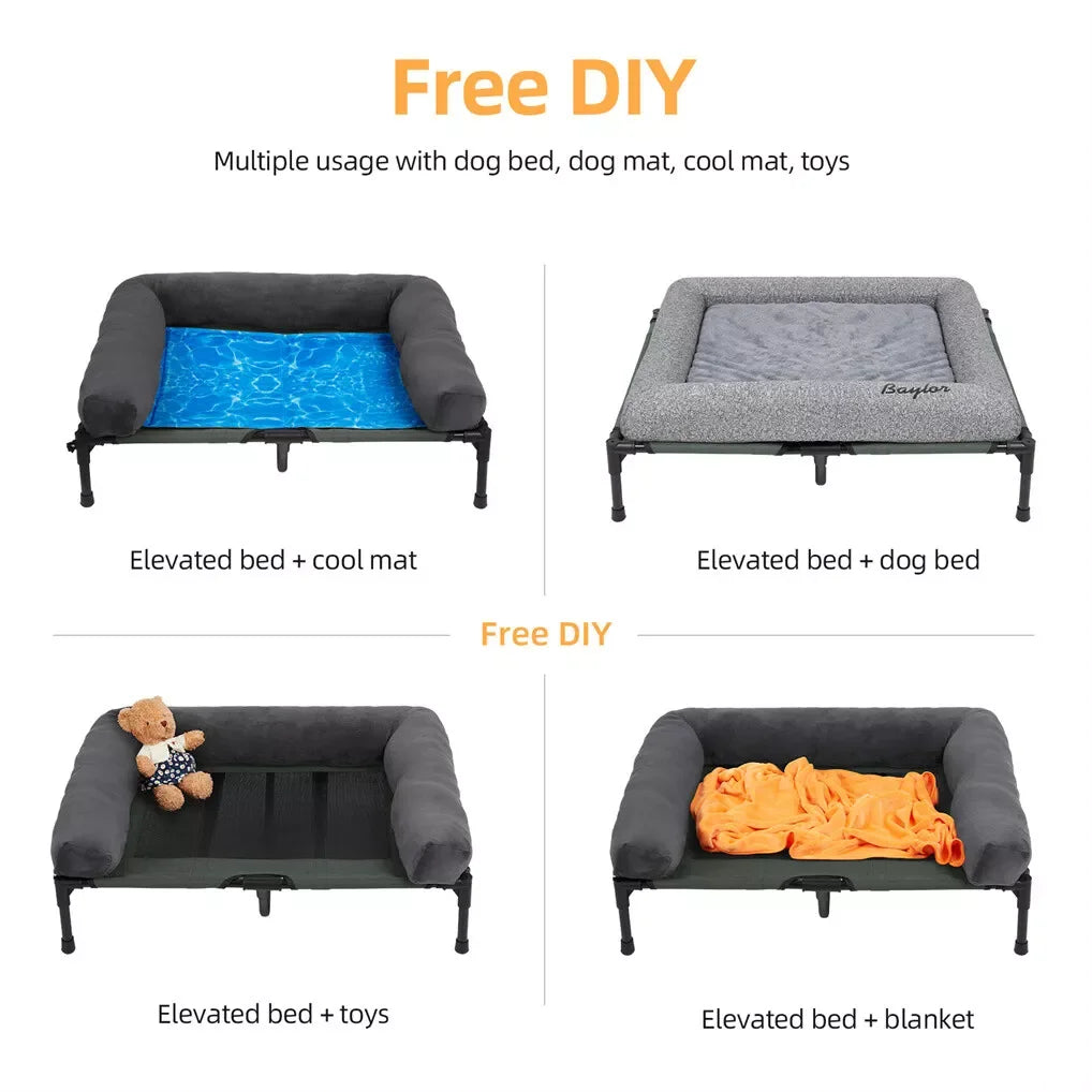 BINGOPAW Outdoor Elevated Dog Bed Cooling Raised Pet Lounger Mesh Cot for Camping with Detachable Plush Bolster