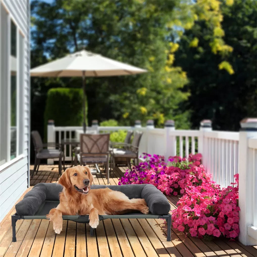 BINGOPAW Outdoor Elevated Dog Bed Cooling Raised Pet Lounger Mesh Cot for Camping with Detachable Plush Bolster