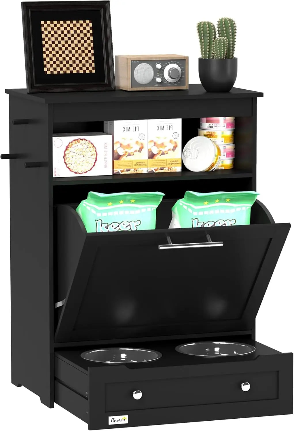 Dog Feeding Station Dog Food Storage Pet Feeder Cabinet with Raised Bowls and Hanger for Feeding and Watering