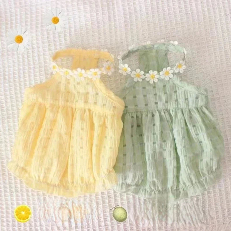 Breathable Small French Bulldog Dog Dress Soft Cotton Summer Pet Clothing Cute Yellow Daisy Costume