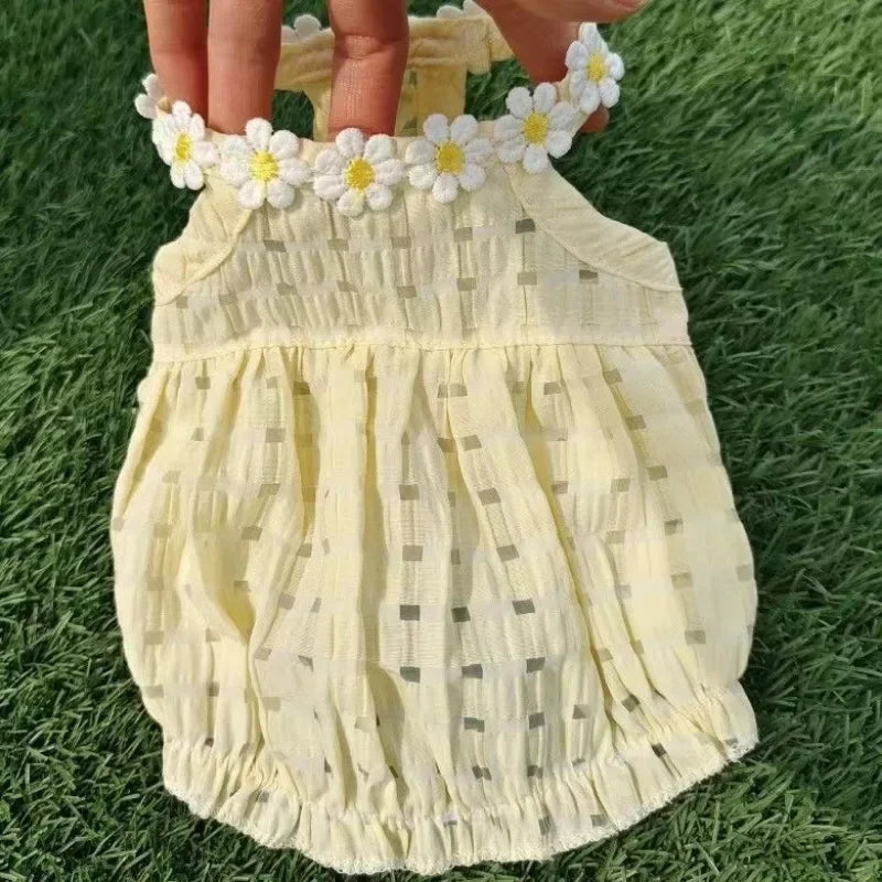 Breathable Small French Bulldog Dog Dress Soft Cotton Summer Pet Clothing Cute Yellow Daisy Costume