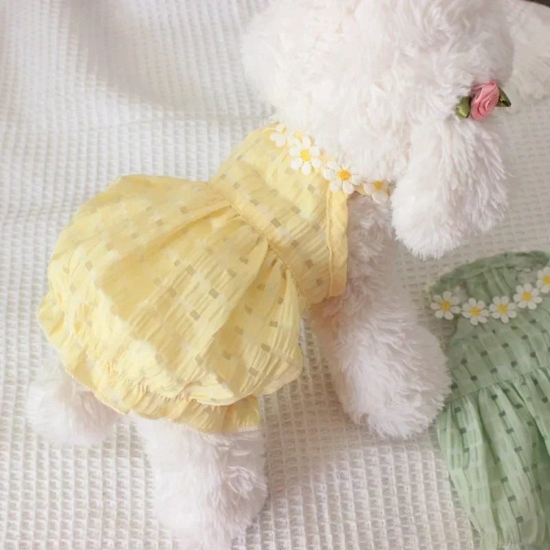 Breathable Small French Bulldog Dog Dress Soft Cotton Summer Pet Clothing Cute Yellow Daisy Costume
