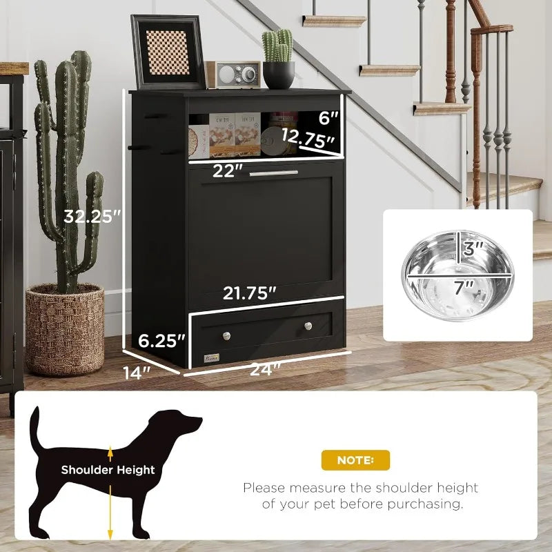 Dog Feeding Station Dog Food Storage Pet Feeder Cabinet with Raised Bowls and Hanger for Feeding and Watering