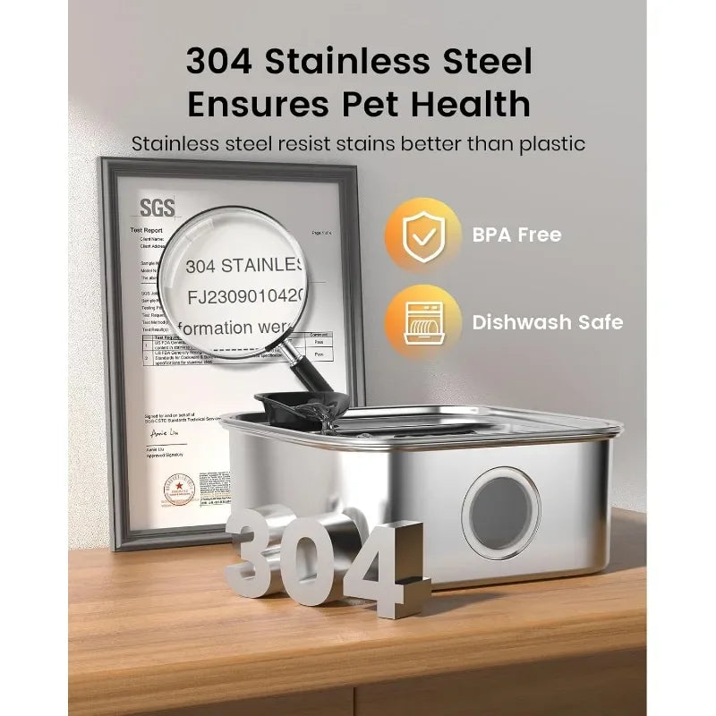 Dog Water Fountain Stainless Steel 2.6 Gallon Dog Water Bowl Dispenser with Washable Filter and Deeper Drinking Area