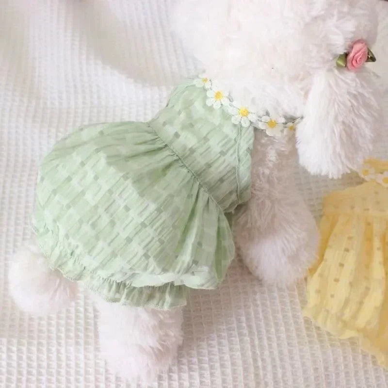 Breathable Small French Bulldog Dog Dress Soft Cotton Summer Pet Clothing Cute Yellow Daisy Costume
