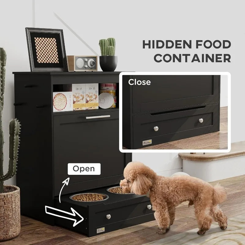 Dog Feeding Station Dog Food Storage Pet Feeder Cabinet with Raised Bowls and Hanger for Feeding and Watering