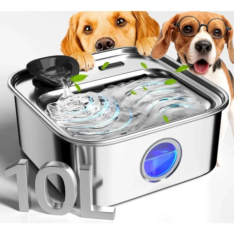 Dog Water Fountain Stainless Steel 2.6 Gallon Dog Water Bowl Dispenser with Washable Filter and Deeper Drinking Area