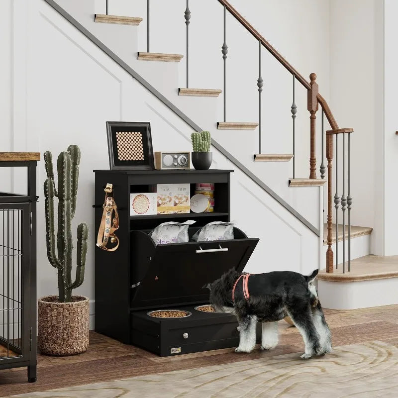 Dog Feeding Station Dog Food Storage Pet Feeder Cabinet with Raised Bowls and Hanger for Feeding and Watering