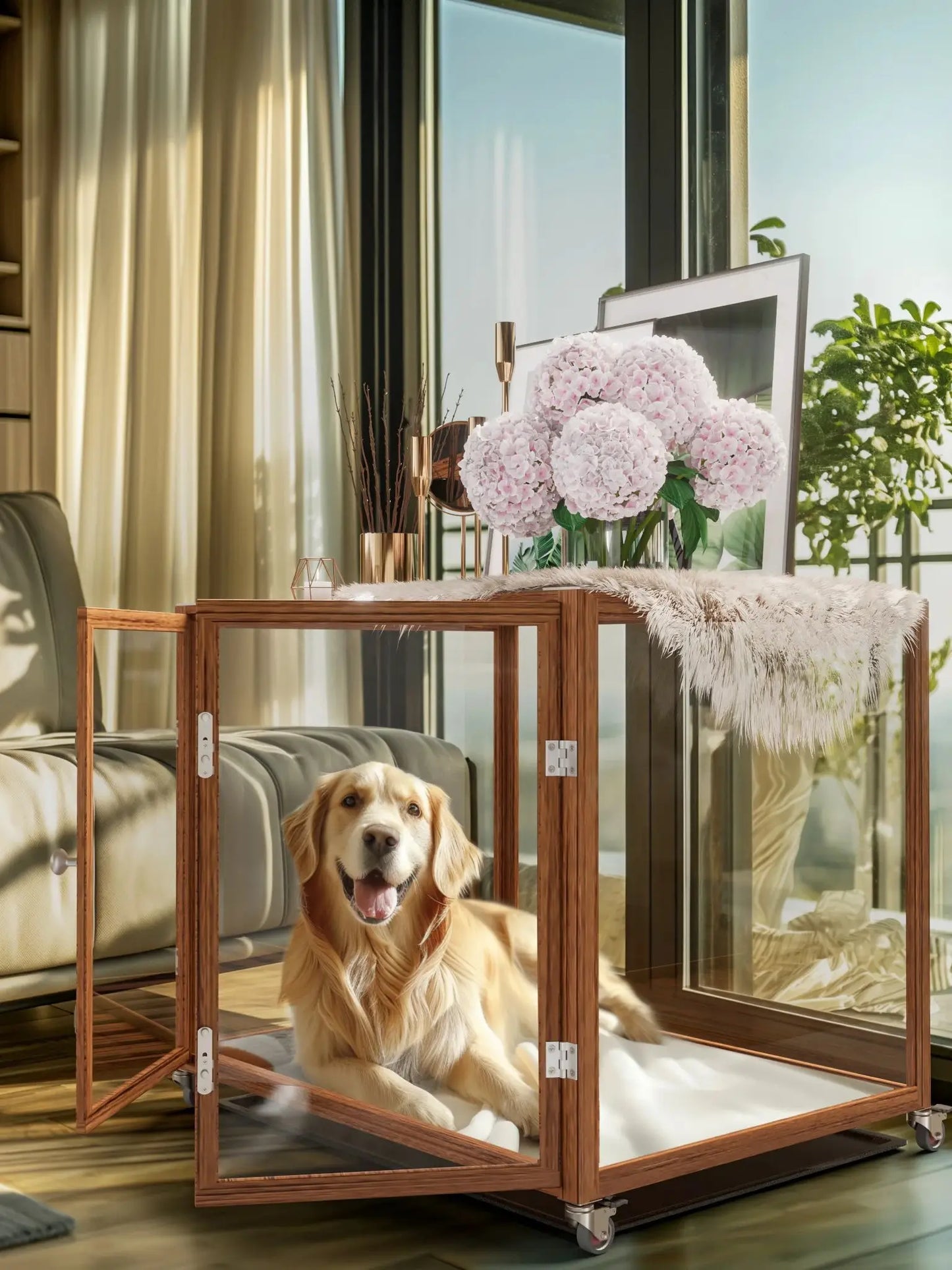 M L XL Dog Cage Tempered Glass Pet Crate Kennels Aluminum Frame Dual Doors and Wheels