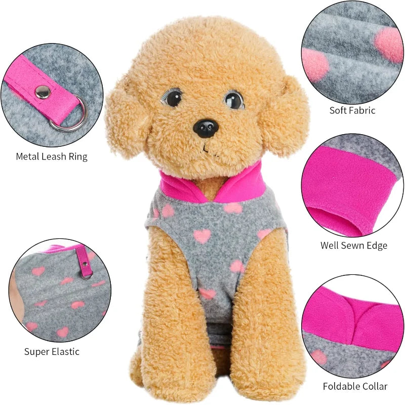 Grey Dog Heart Sweater with Leash Ring Soft Fleece Pullover Warm Jacket Winter Outfit for Small Puppy and Cat Pets