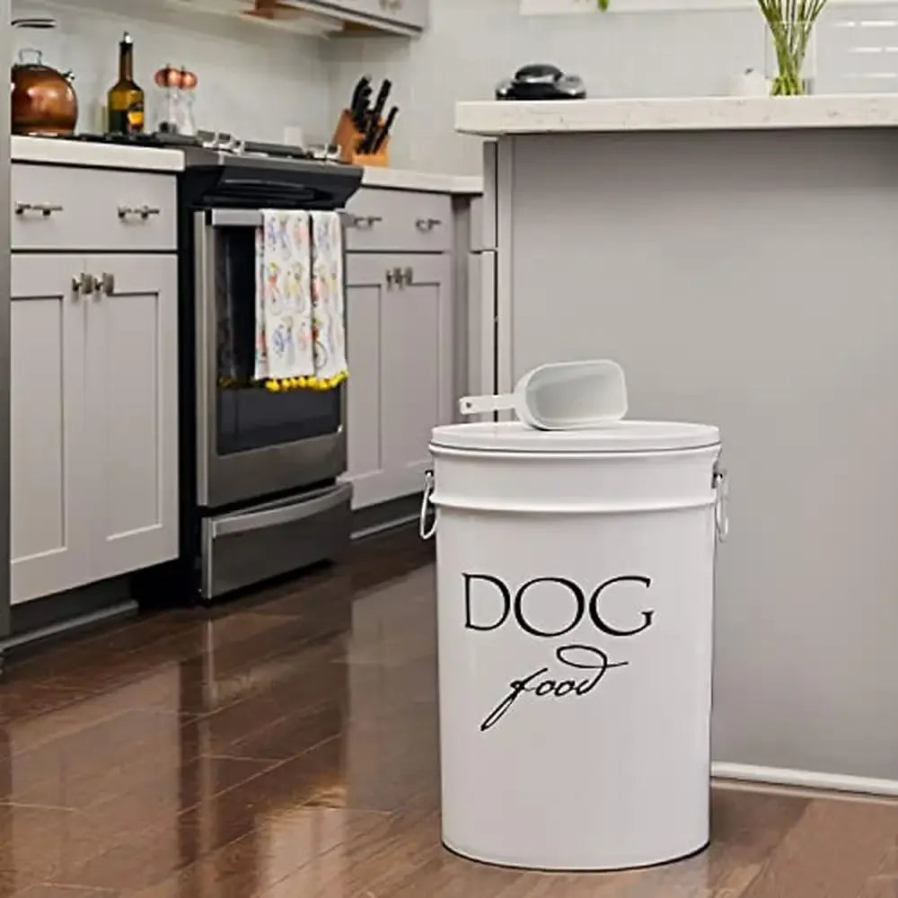 Large White Dog Food Canister 40 Lbs Storage Airtight Lid Eco-Friendly Alloy Steel Lead-Free Clean Neat Healthy Storage