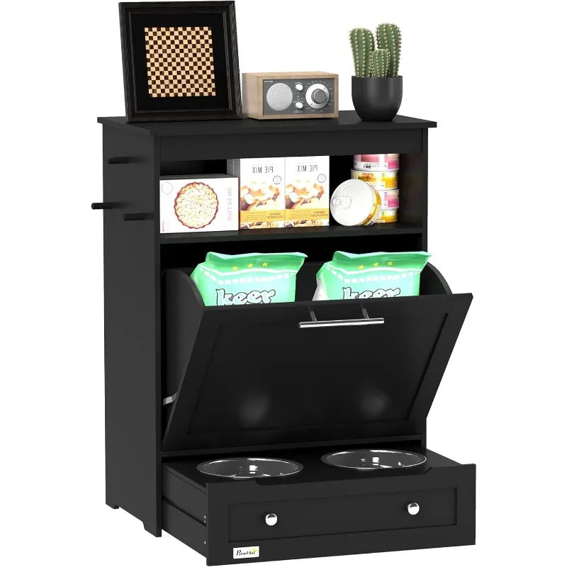Dog Feeding Station Dog Food Storage Pet Feeder Cabinet with Raised Bowls and Hanger for Feeding and Watering