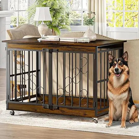 Dog Crate Furniture 48 Inch Heavy Duty Indoor Kennel for Medium Large Breeds Farmhouse Style Engineered Wood and Metal Design