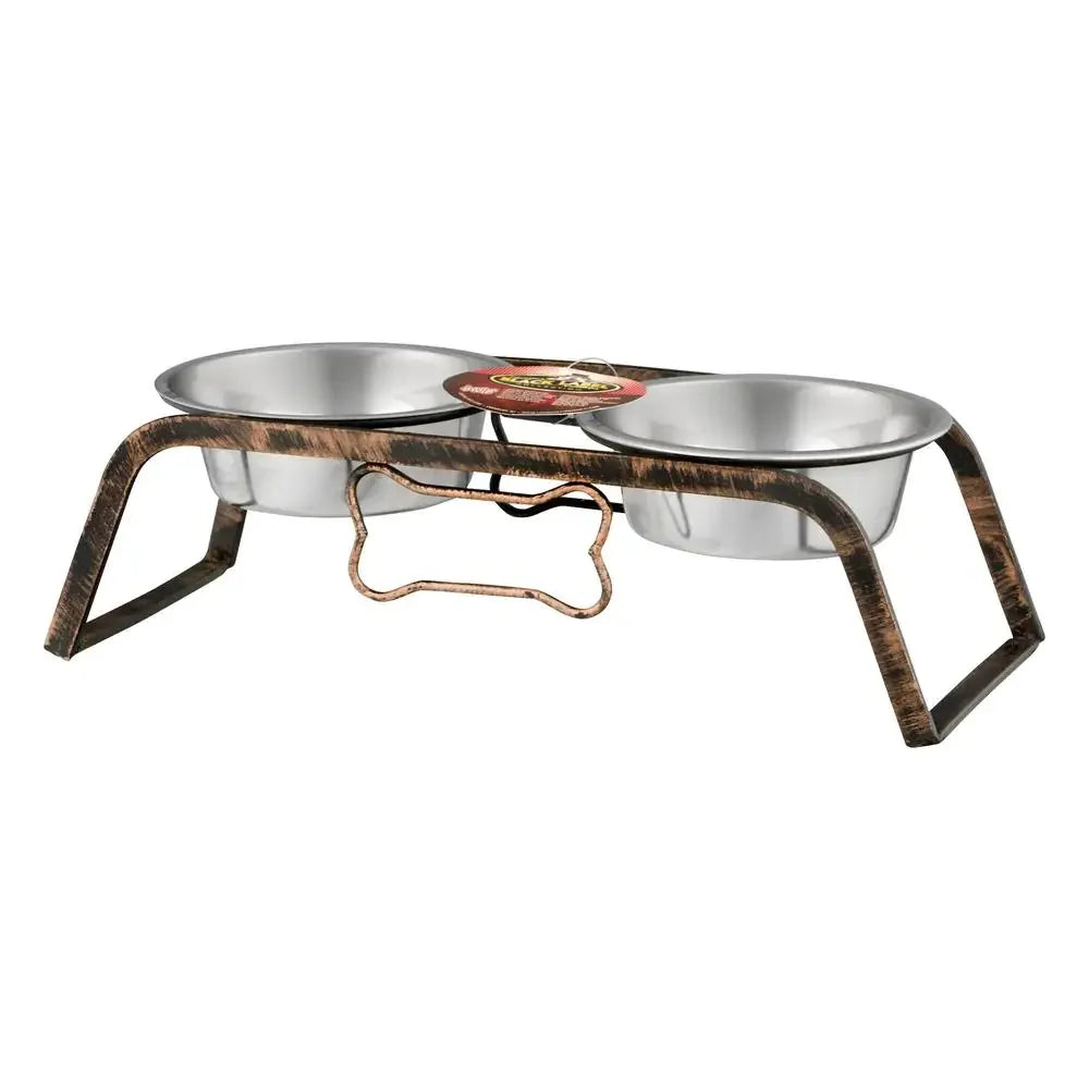 Rustic Bone Double Diners Dogs Stainless Steel Bowls Raised Stand No Skid Feet Bacteria Resistant Dishwasher Safe Lifetime Guarantee