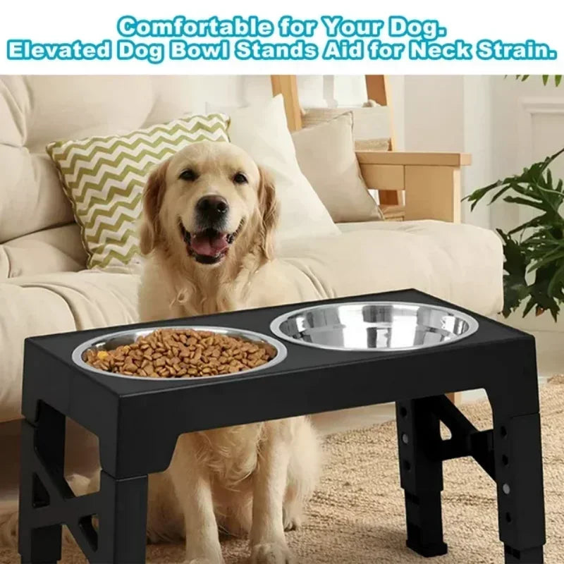 Height Adjustable Raised Dog Bowl Racks with Stainless Steel Food Bowls for Large Dogs and Cats Black