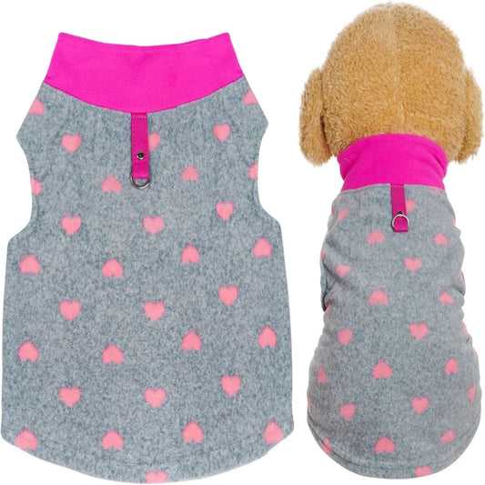 Grey Dog Heart Sweater with Leash Ring Soft Fleece Pullover Warm Jacket Winter Outfit for Small Puppy and Cat Pets