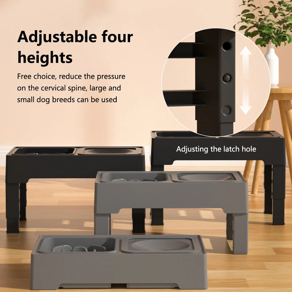 Elevated Dog Food Slow Feeder with Adjustable Heights Raised Dog Bowl Stand and Stainless Steel Bowls
