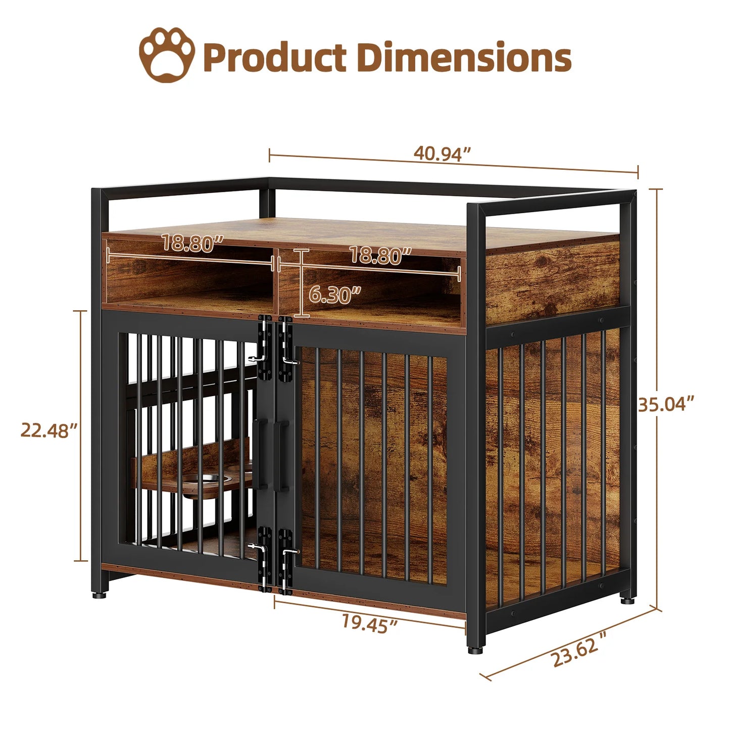 41 Inch Wooden Dog Crate Furniture with Storage Drawers and Adjustable Raised Feeder Indoor Pet House for Large and Medium Dogs