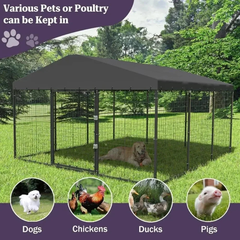 Large Dog Kennel Outdoor with Waterproof Roof Cover Heavy Duty Dog Cage Enclosure with Upgraded Metal Mesh and Secure Door Locks