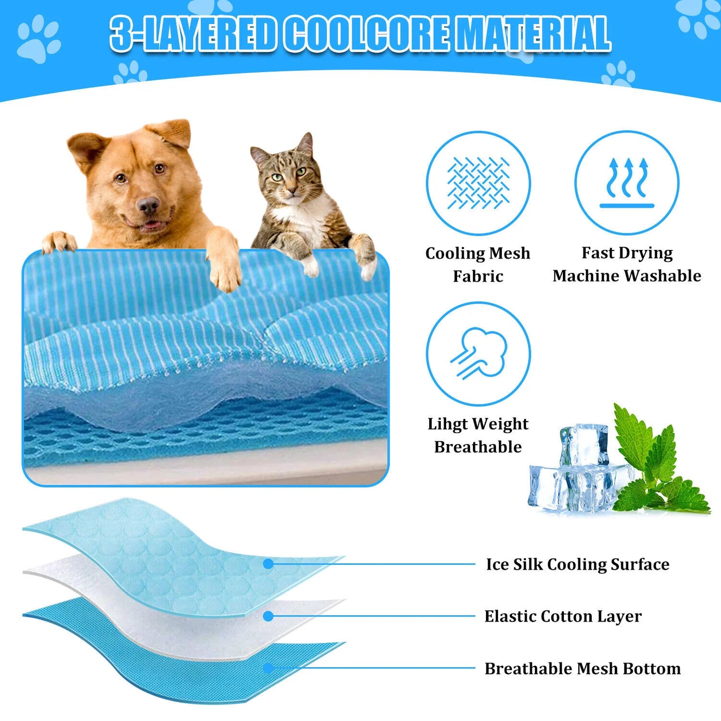 Pet Cooling Mat Cool Pad Cushion for Dogs Cats Puppies Summer Sleeping Bed