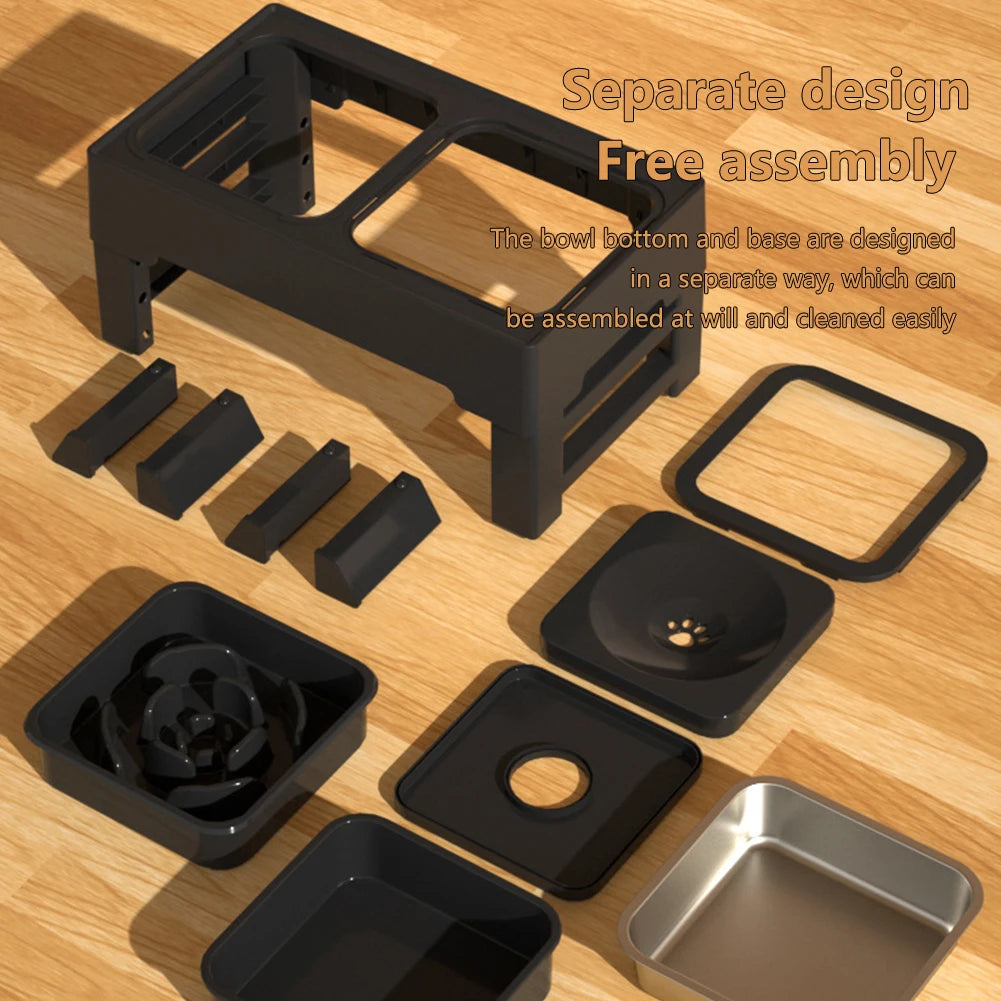 Elevated Dog Food Slow Feeder with Adjustable Heights Raised Dog Bowl Stand and Stainless Steel Bowls