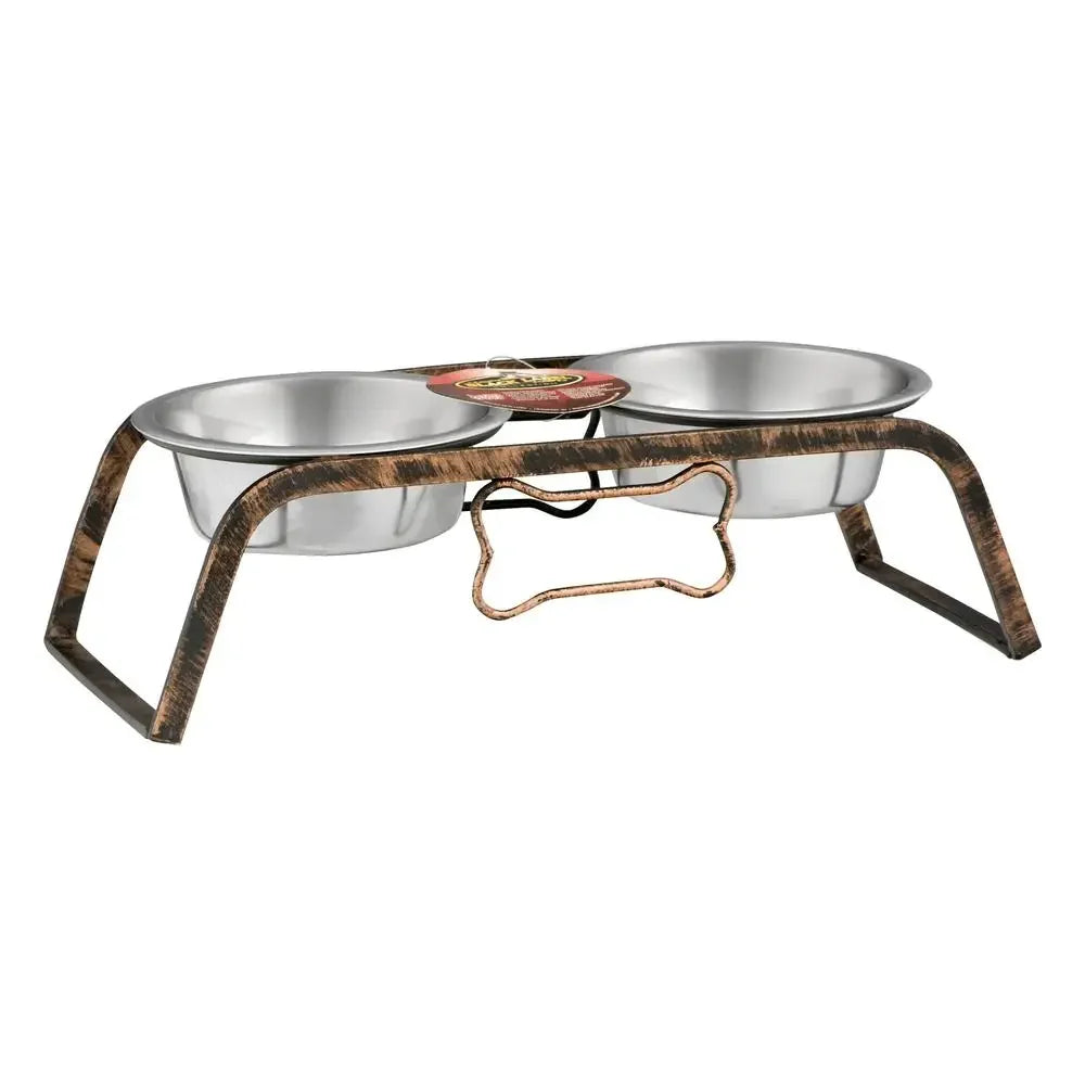 Rustic Bone Double Diners Dogs Stainless Steel Bowls Raised Stand No Skid Feet Bacteria Resistant Dishwasher Safe Lifetime Guarantee