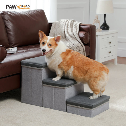 3 Tier Foldable Dog Stairs with Storage Box Adjustable Height Non Slip Pet Ramp for Small and Old Dogs and Cats Indoor