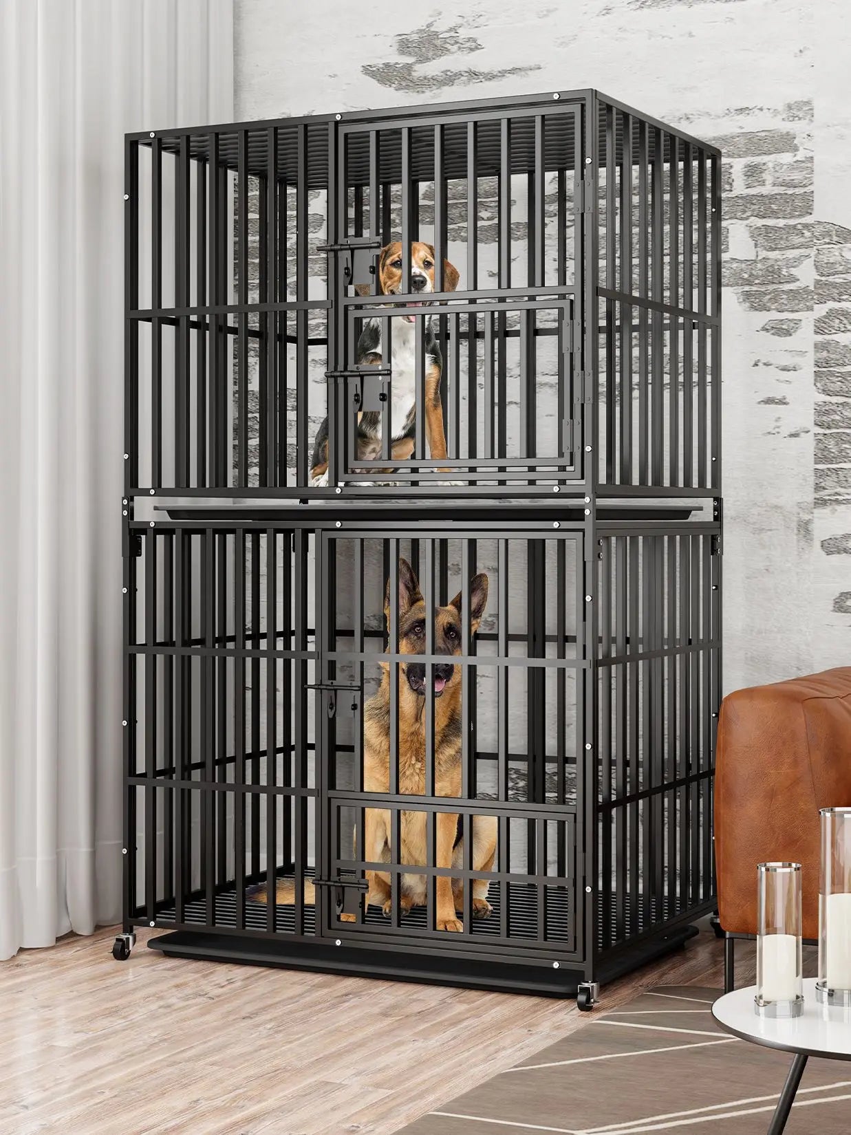 Heavy Duty Metal Dog Kennel Crate Cage with Removable Tray and Steel Lock Latch for All Breeds Double Layer