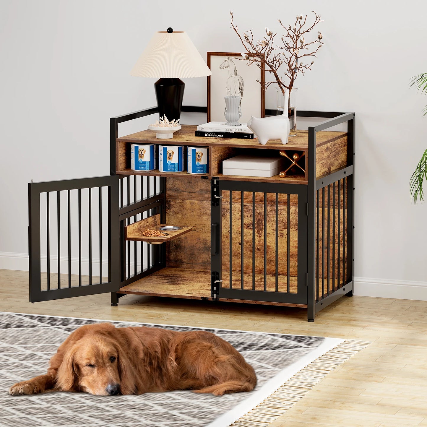 41 Inch Wooden Dog Crate Furniture with Storage Drawers and Adjustable Raised Feeder Indoor Pet House for Large and Medium Dogs