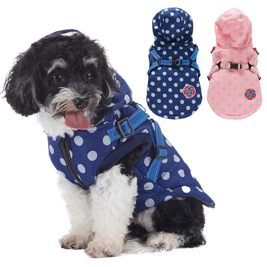 Winter Warm Waterproof Dog Coat with Harness Zipper Cotton Hooded Jacket for Puppies and Cats