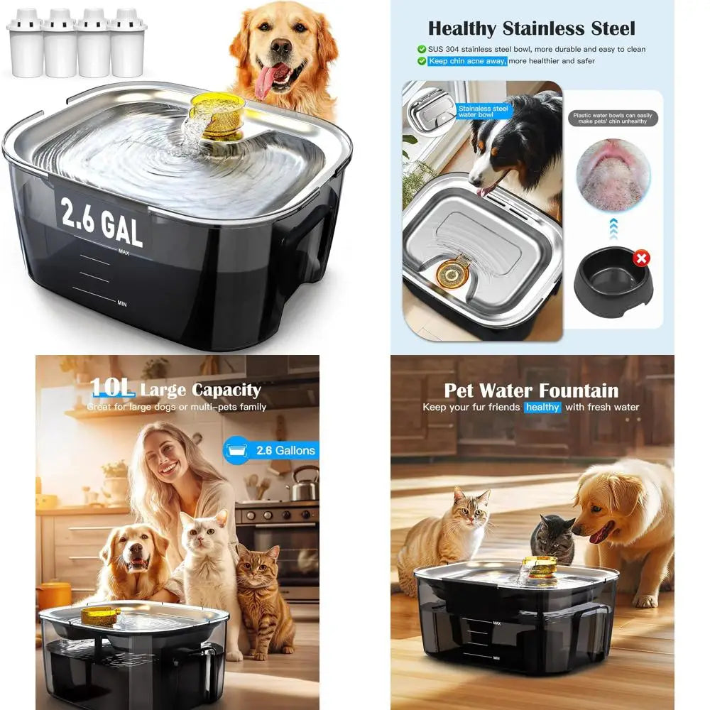 2.6 Gallon Stainless Steel Dog And Cat Water Fountain For Multi Pet Homes