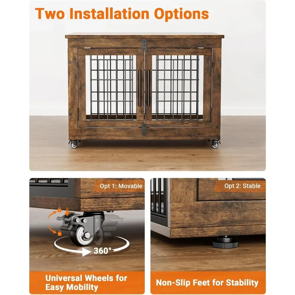 Dog Crate Furniture with Cushion Wooden Kennel Indoor for Small to Medium Dogs