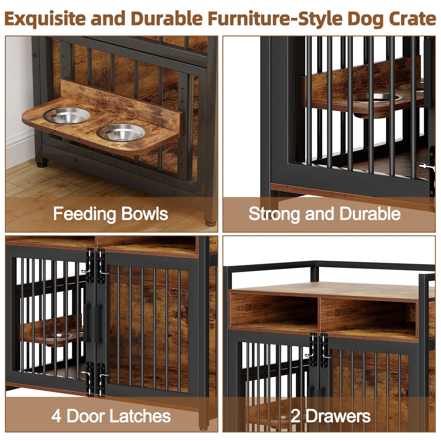 41 Inch Wooden Dog Crate Furniture with Storage Drawers and Adjustable Raised Feeder Indoor Pet House for Large and Medium Dogs