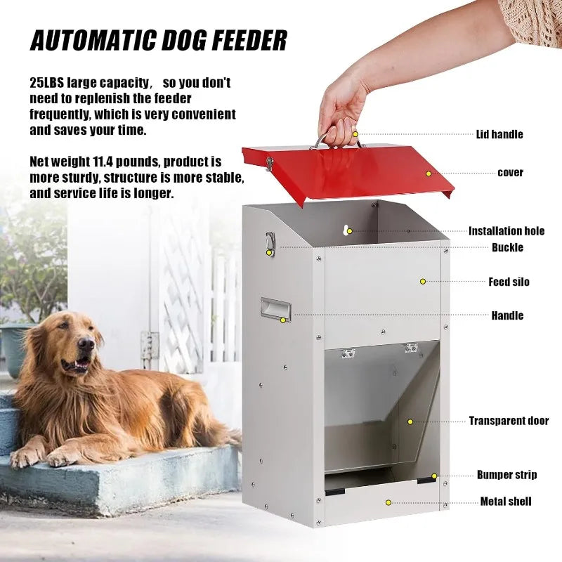Galvanized Automatic Dog Feeder Large Breed Dog Food Dispenser 25lbs Outdoor Gravity Food Feeder for Large Dogs