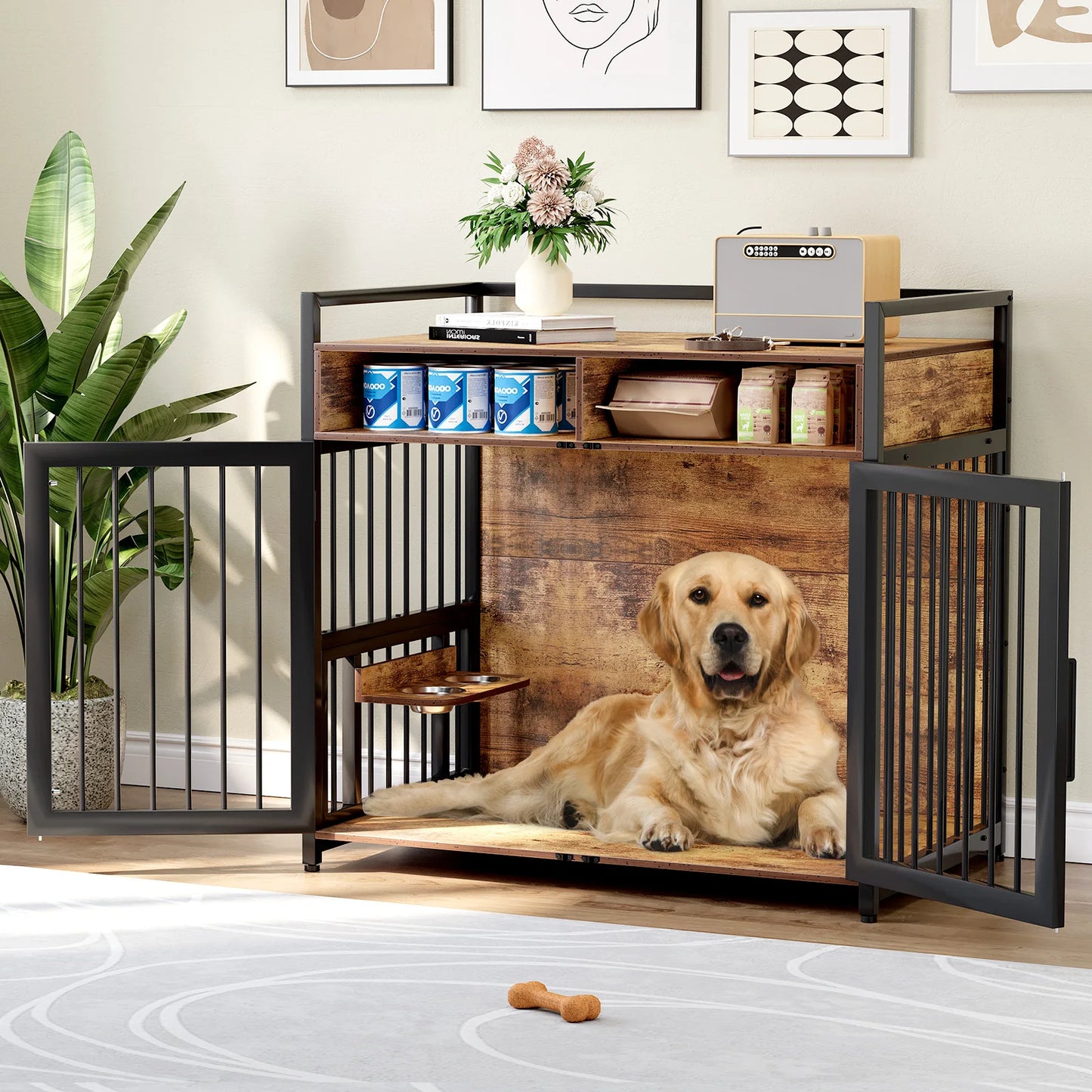 41 Inch Wooden Dog Crate Furniture with Storage Drawers and Adjustable Raised Feeder Indoor Pet House for Large and Medium Dogs