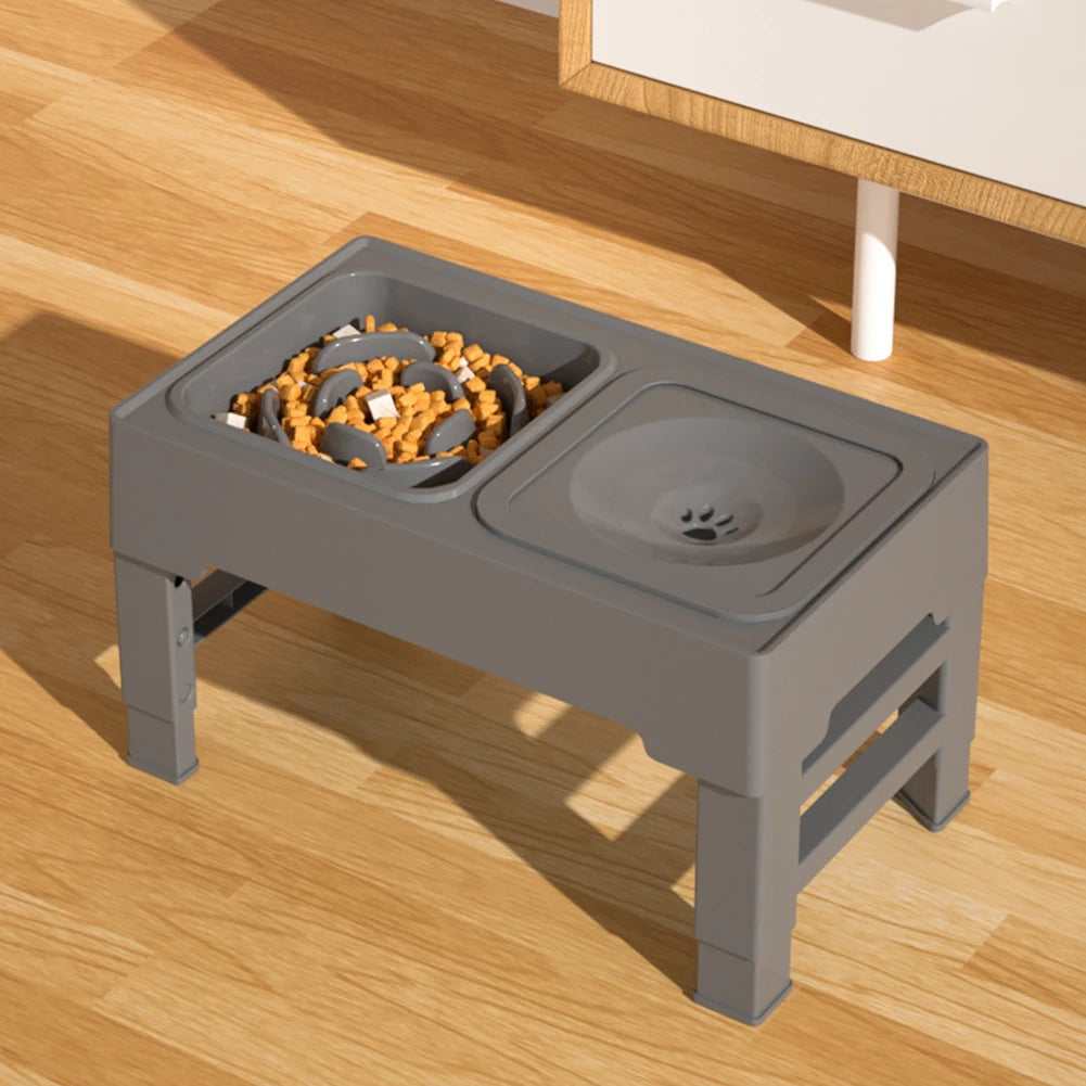 Elevated Dog Food Slow Feeder with Adjustable Heights Raised Dog Bowl Stand and Stainless Steel Bowls