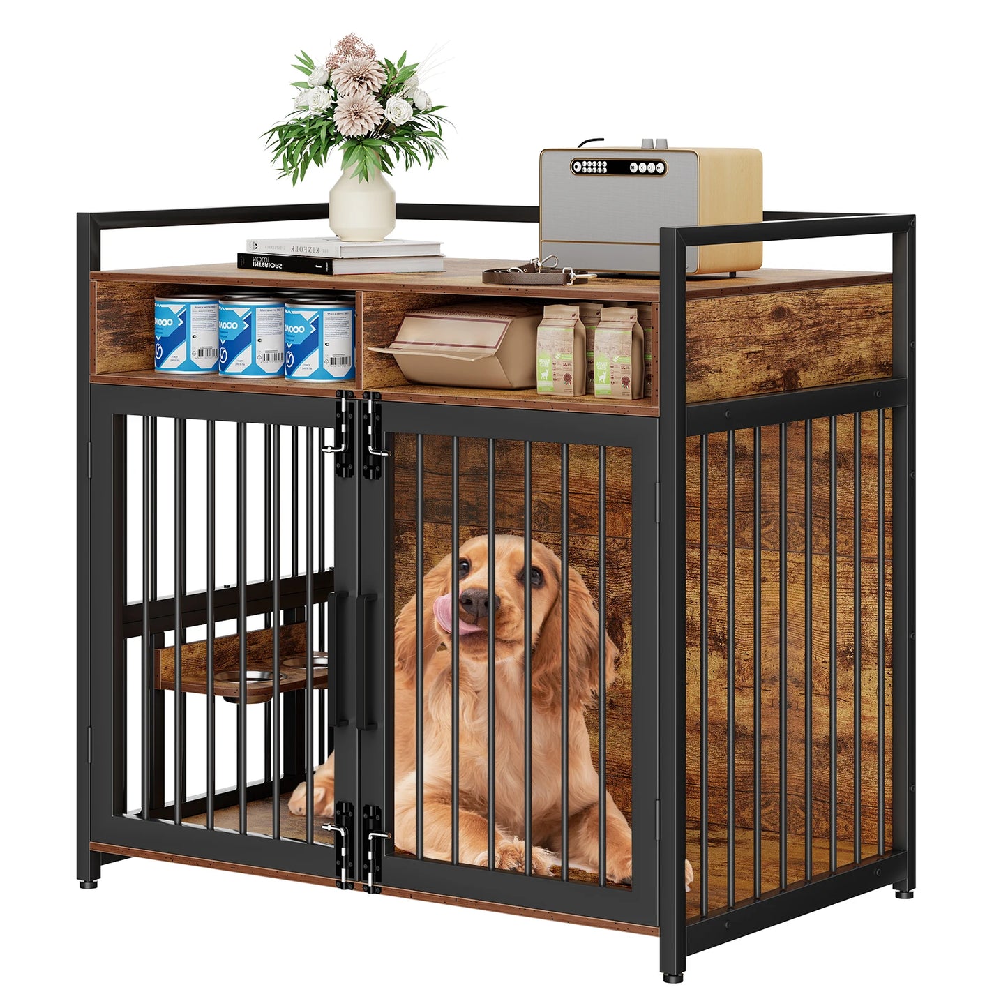 41 Inch Wooden Dog Crate Furniture with Storage Drawers and Adjustable Raised Feeder Indoor Pet House for Large and Medium Dogs