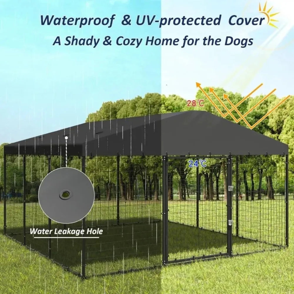 Large Dog Kennel Outdoor with Waterproof Roof Cover Heavy Duty Dog Cage Enclosure with Upgraded Metal Mesh and Secure Door Locks