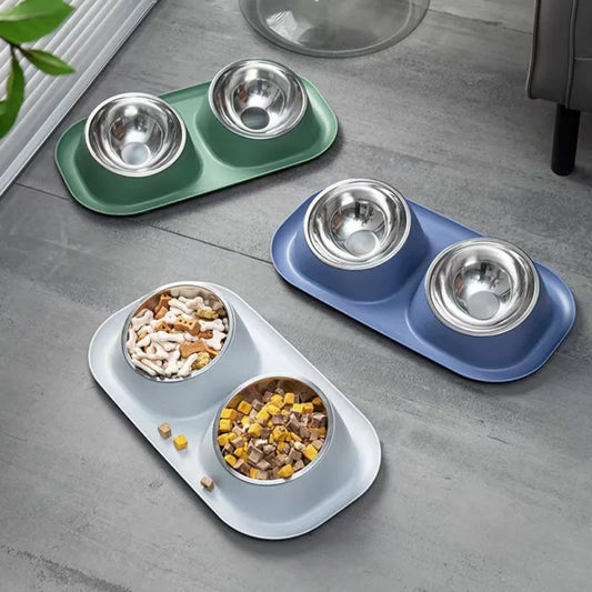 Stainless Steel Double Cat Dog Bowl Plastic Non Slip Base Pet Water Feeder Tilt Safeguard Neck Puppy Cat Food Container