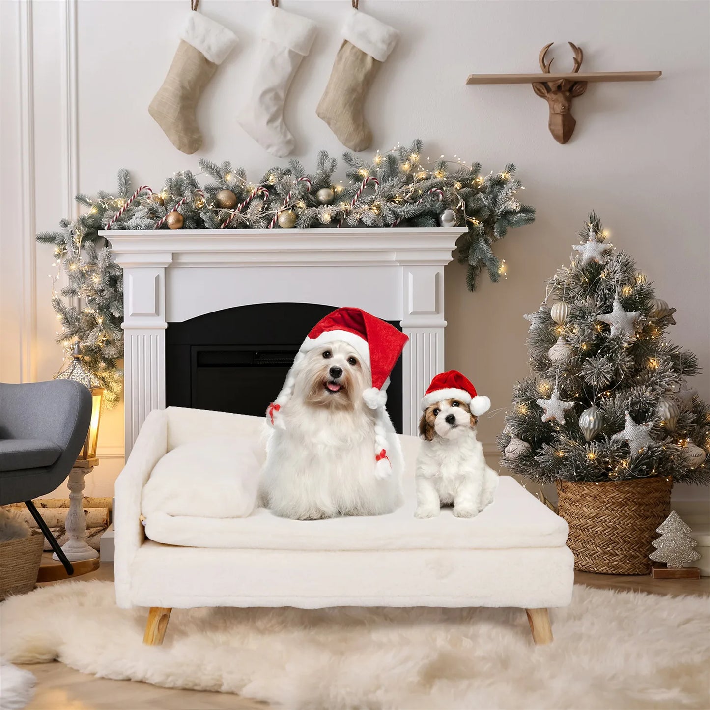 Elevated Nordic Pet Bed with Cozy Waterproof Pad Sturdy Wood Leg Sofa Bed for Small Dogs and Kittens