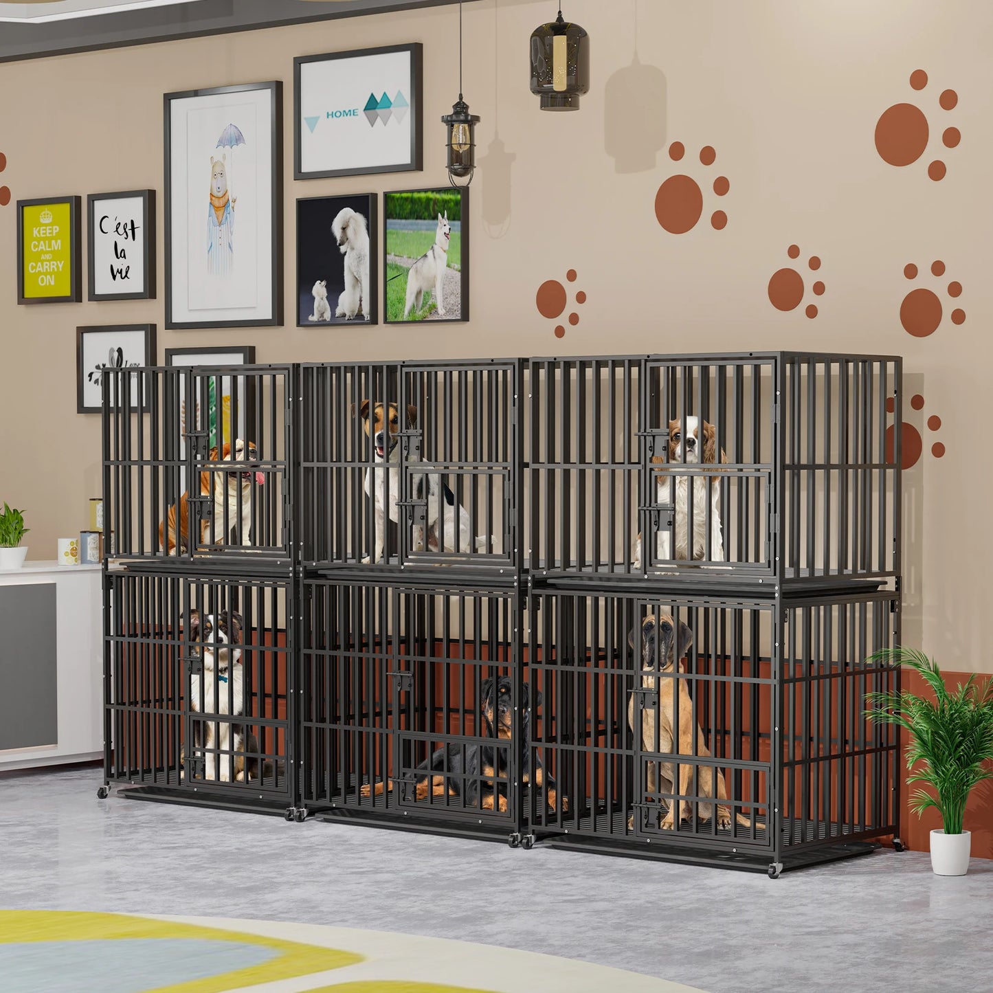Heavy Duty Metal Dog Kennel Crate Cage with Removable Tray and Steel Lock Latch for All Breeds Double Layer